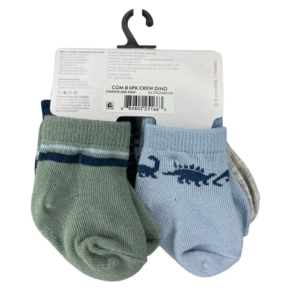 NWT Carter's Infant 6pk Socks - Stripes and Dino Design size 0-6mo
